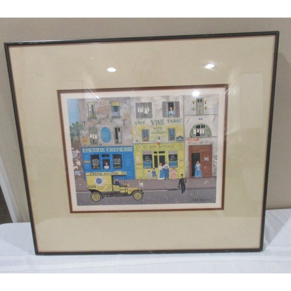 Michel Delacroix Lithograph Print " Au Bon Bougnat" French Prof. Framed 22x19"